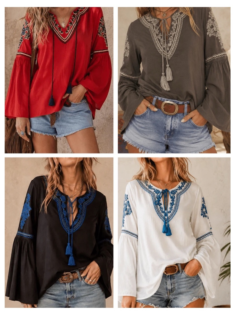 NWT TALORI Bell Sleeve Embroidery-Detailed Boho Top in Brick/Olive/Black/White